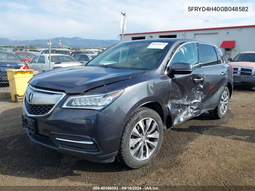 2016 Acura Mdx Technology Acurawatch Plus Packages/Technology Package VIN: 5FRYD4H40GB048582 Lot: 40356092