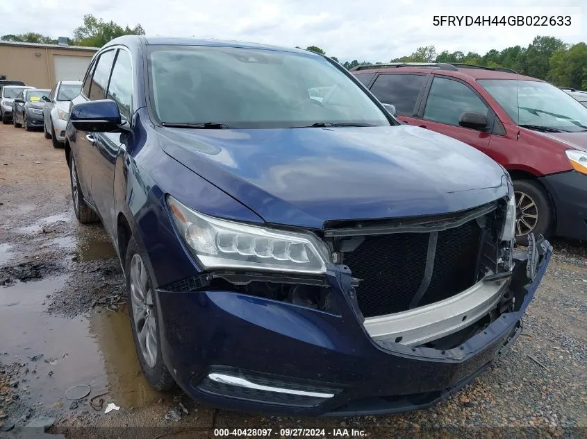 2016 Acura Mdx Technology Acurawatch Plus Packages/Technology Package VIN: 5FRYD4H44GB022633 Lot: 40428097