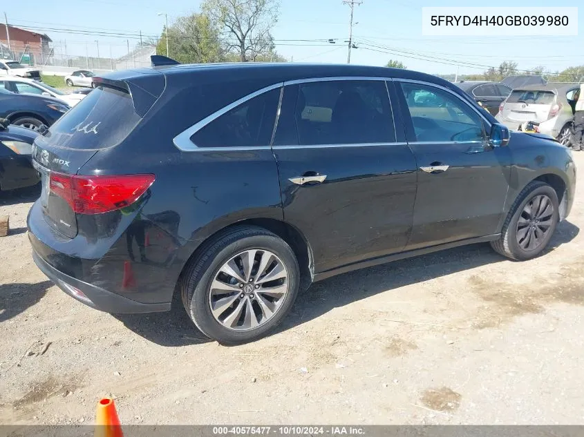 2016 Acura Mdx Technology Acurawatch Plus Packages/Technology Package VIN: 5FRYD4H40GB039980 Lot: 40575477