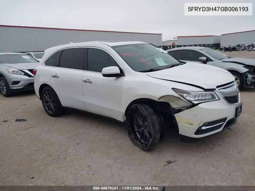 2016 Acura Mdx Technology Acurawatch Plus Packages/Technology Package VIN: 5FRYD3H47GB006193 Lot: 40679241