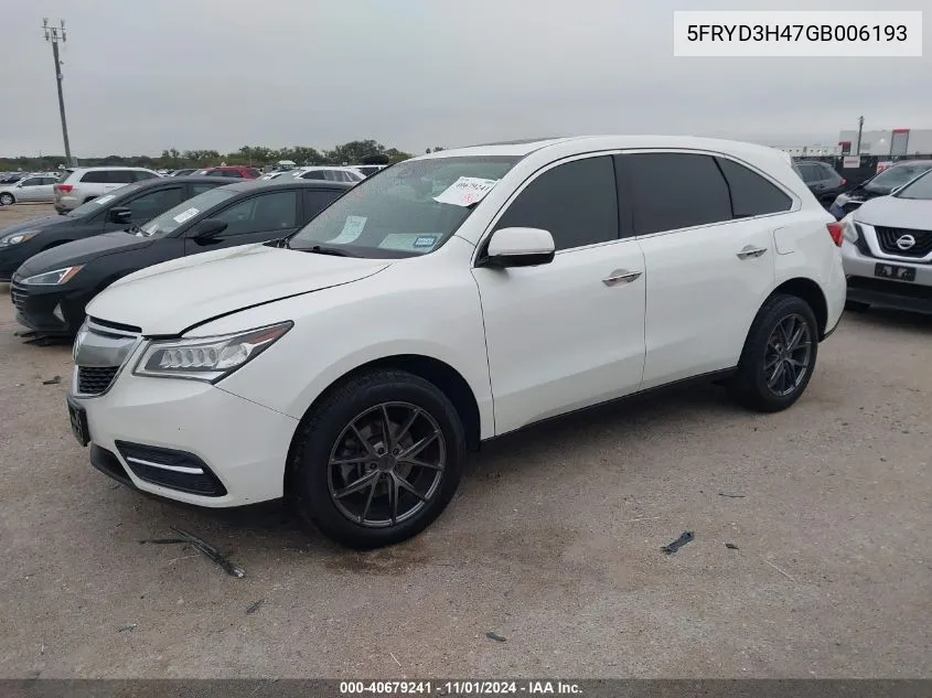 2016 Acura Mdx Technology Acurawatch Plus Packages/Technology Package VIN: 5FRYD3H47GB006193 Lot: 40679241