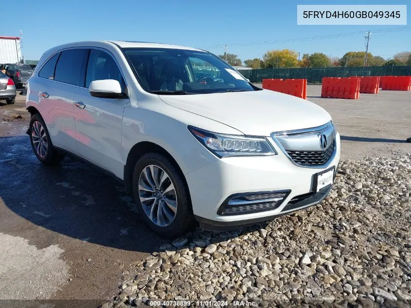 2016 Acura Mdx Technology Entertainment Packages/Technology, Entertainment Acurawatch Plus Packages VIN: 5FRYD4H60GB049345 Lot: 40738899