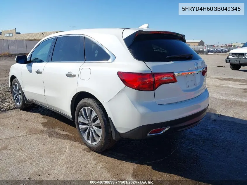 2016 Acura Mdx Technology Entertainment Packages/Technology, Entertainment Acurawatch Plus Packages VIN: 5FRYD4H60GB049345 Lot: 40738899