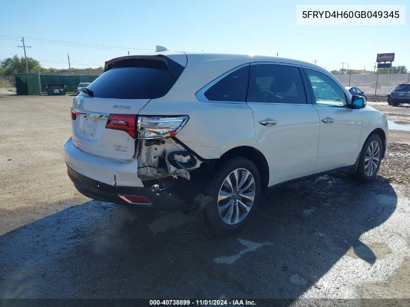 2016 Acura Mdx Technology Entertainment Packages/Technology, Entertainment Acurawatch Plus Packages VIN: 5FRYD4H60GB049345 Lot: 40738899