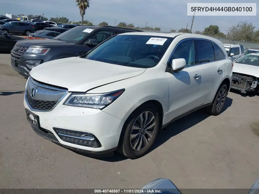 2016 Acura Mdx Technology Acurawatch Plus Packages/Technology Package VIN: 5FRYD4H44GB040100 Lot: 40748587