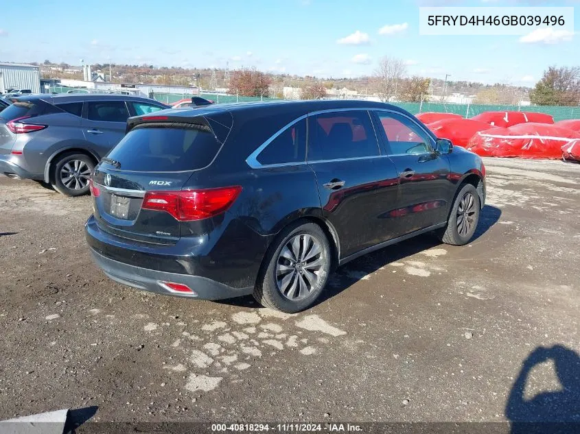 2016 Acura Mdx Technology Acurawatch Plus Packages/Technology Package VIN: 5FRYD4H46GB039496 Lot: 40818294