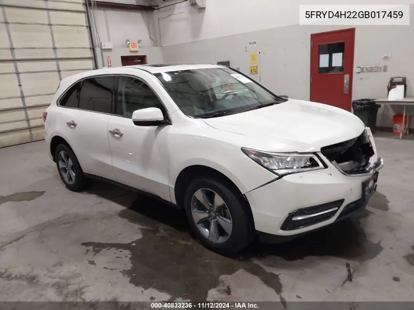 2016 Acura Mdx Acurawatch Plus Package VIN: 5FRYD4H22GB017459 Lot: 40833236