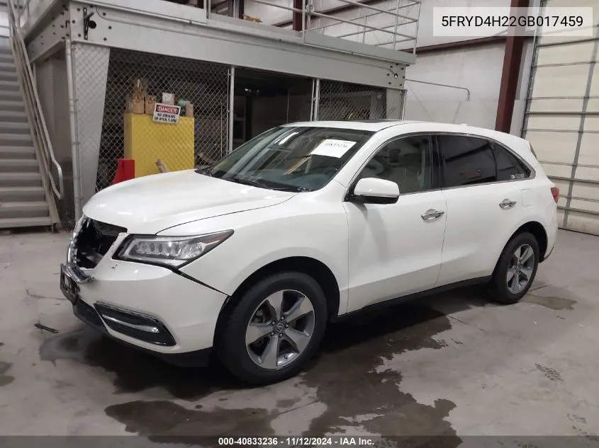 2016 Acura Mdx Acurawatch Plus Package VIN: 5FRYD4H22GB017459 Lot: 40833236