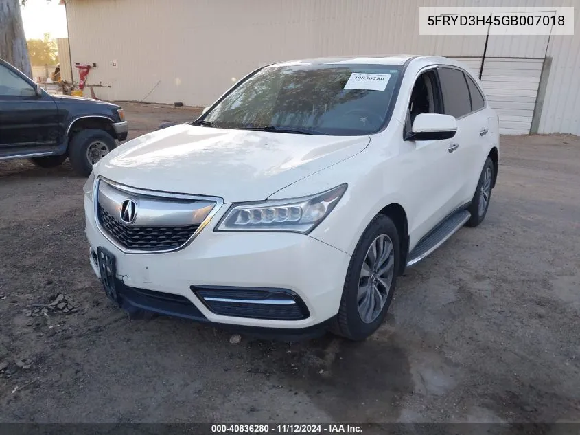 2016 Acura Mdx Technology Acurawatch Plus Packages/Technology Package VIN: 5FRYD3H45GB007018 Lot: 40836280