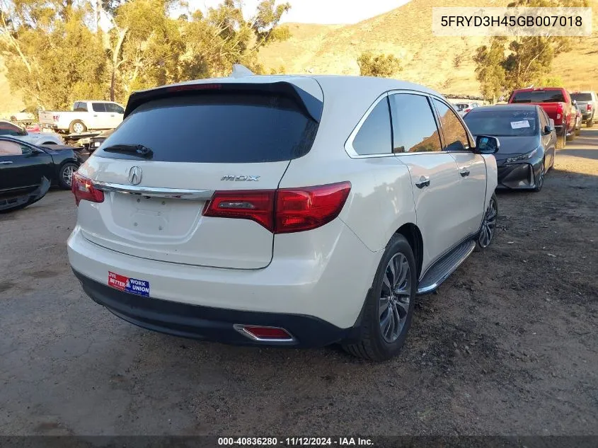 2016 Acura Mdx Technology Acurawatch Plus Packages/Technology Package VIN: 5FRYD3H45GB007018 Lot: 40836280