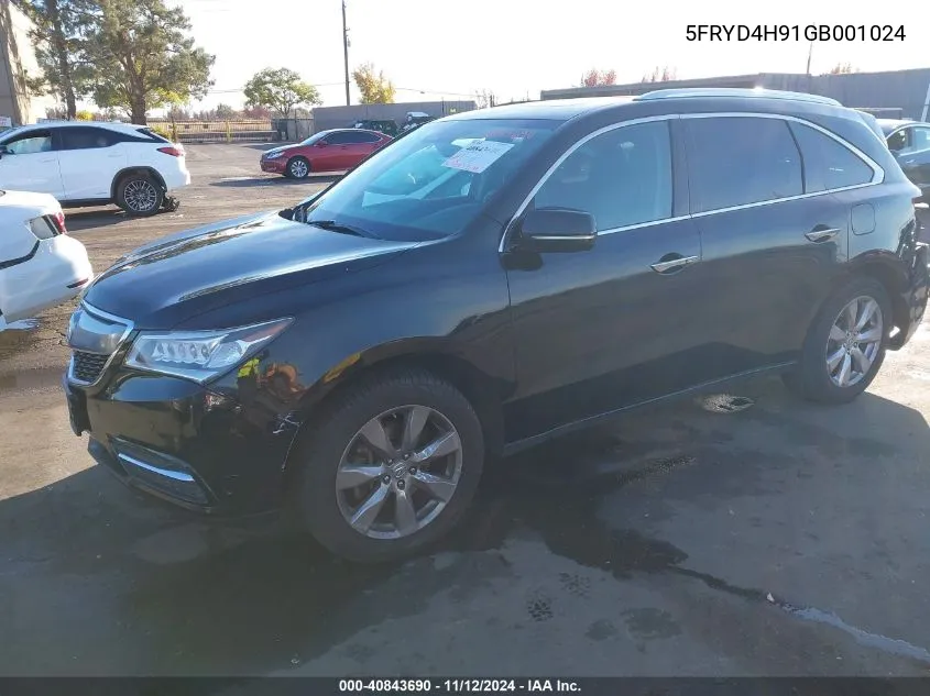 2016 Acura Mdx Advance Entertainment Packages/Advance Package VIN: 5FRYD4H91GB001024 Lot: 40843690