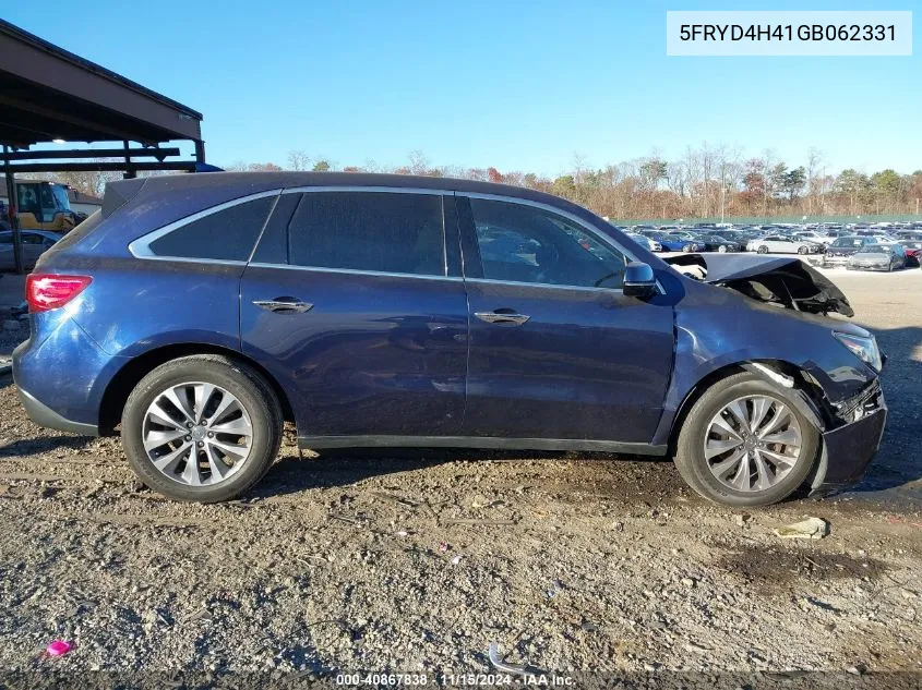 2016 Acura Mdx Technology Acurawatch Plus Packages/Technology Package VIN: 5FRYD4H41GB062331 Lot: 40867838