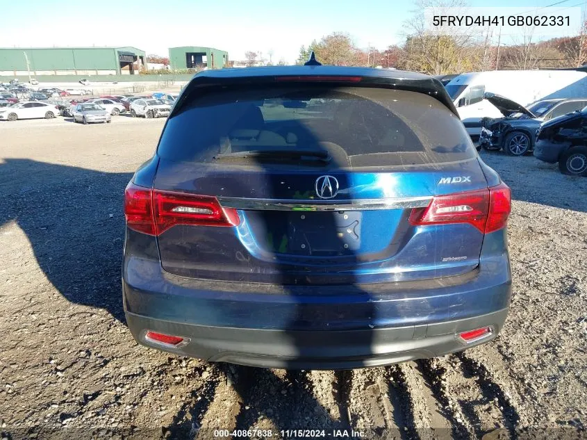 2016 Acura Mdx Technology Acurawatch Plus Packages/Technology Package VIN: 5FRYD4H41GB062331 Lot: 40867838