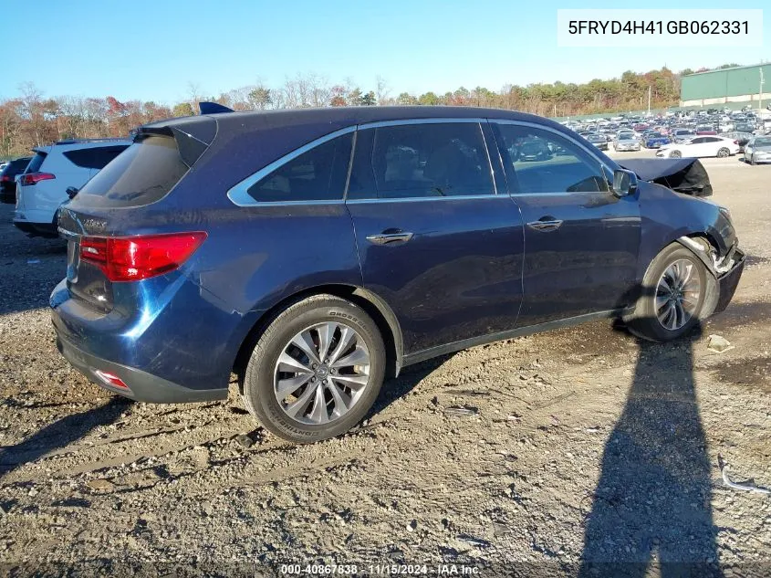 2016 Acura Mdx Technology Acurawatch Plus Packages/Technology Package VIN: 5FRYD4H41GB062331 Lot: 40867838