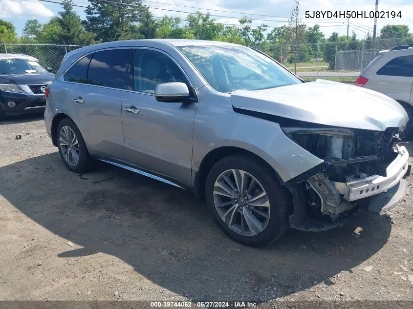 2017 Acura Mdx Technology Package VIN: 5J8YD4H50HL002194 Lot: 39744062