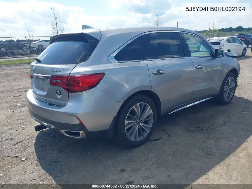 2017 Acura Mdx Technology Package VIN: 5J8YD4H50HL002194 Lot: 39744062