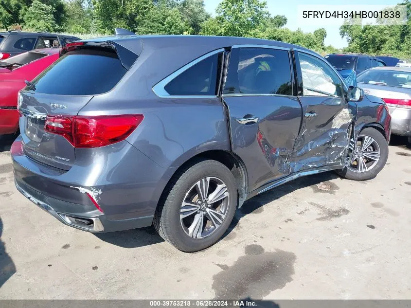 2017 Acura Mdx VIN: 5FRYD4H34HB001838 Lot: 39753218