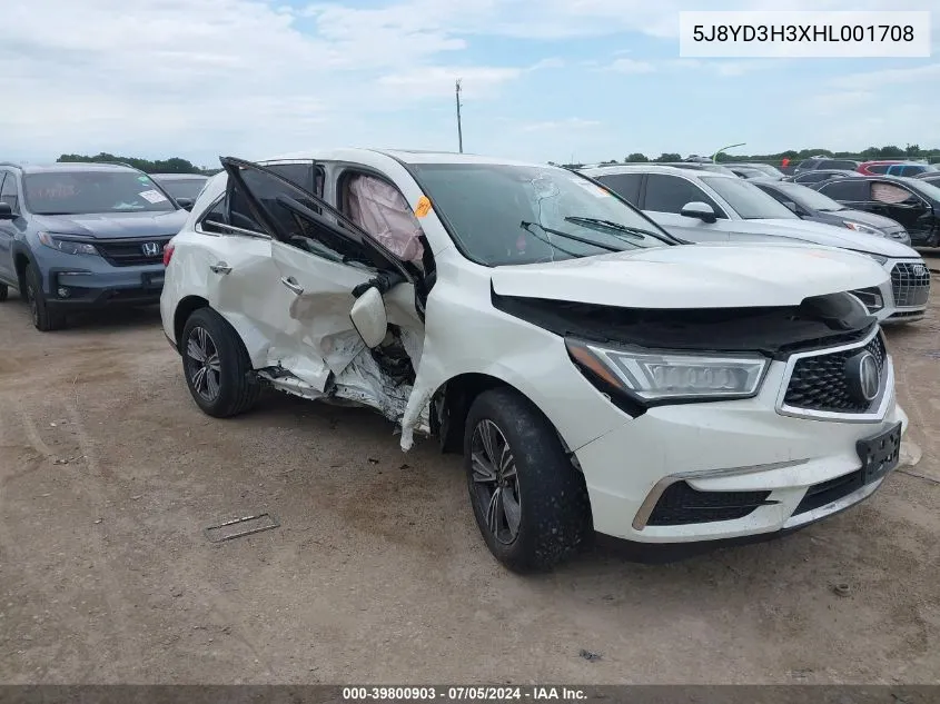 2017 Acura Mdx VIN: 5J8YD3H3XHL001708 Lot: 39800903