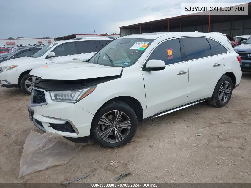 2017 Acura Mdx VIN: 5J8YD3H3XHL001708 Lot: 39800903