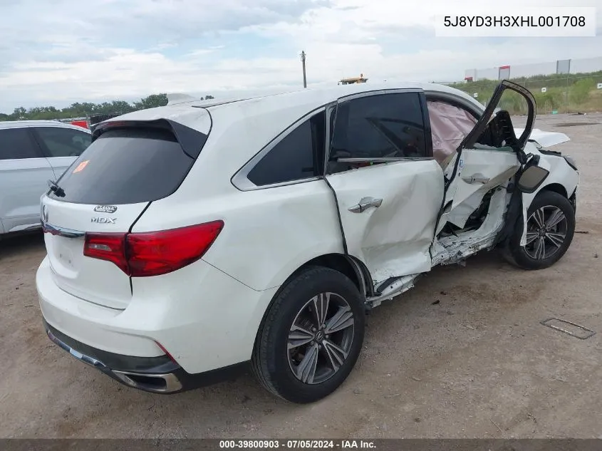 2017 Acura Mdx VIN: 5J8YD3H3XHL001708 Lot: 39800903