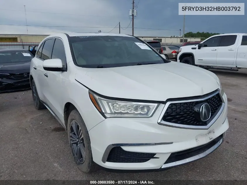 2017 Acura Mdx VIN: 5FRYD3H32HB003792 Lot: 39883580