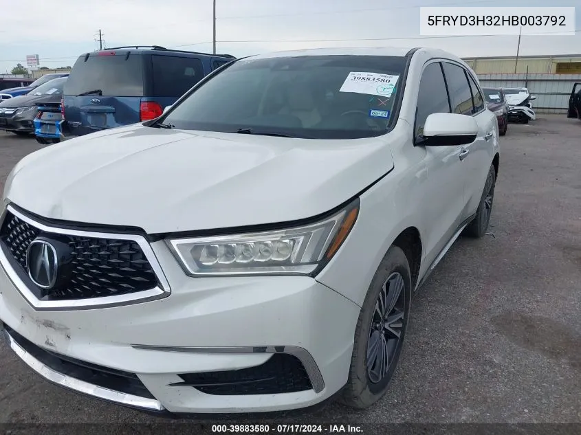 2017 Acura Mdx VIN: 5FRYD3H32HB003792 Lot: 39883580