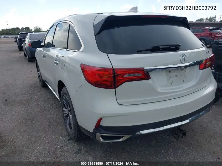 2017 Acura Mdx VIN: 5FRYD3H32HB003792 Lot: 39883580