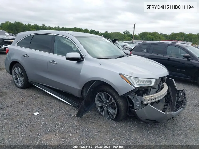 2017 Acura Mdx Technology Package VIN: 5FRYD4H51HB011194 Lot: 40238182