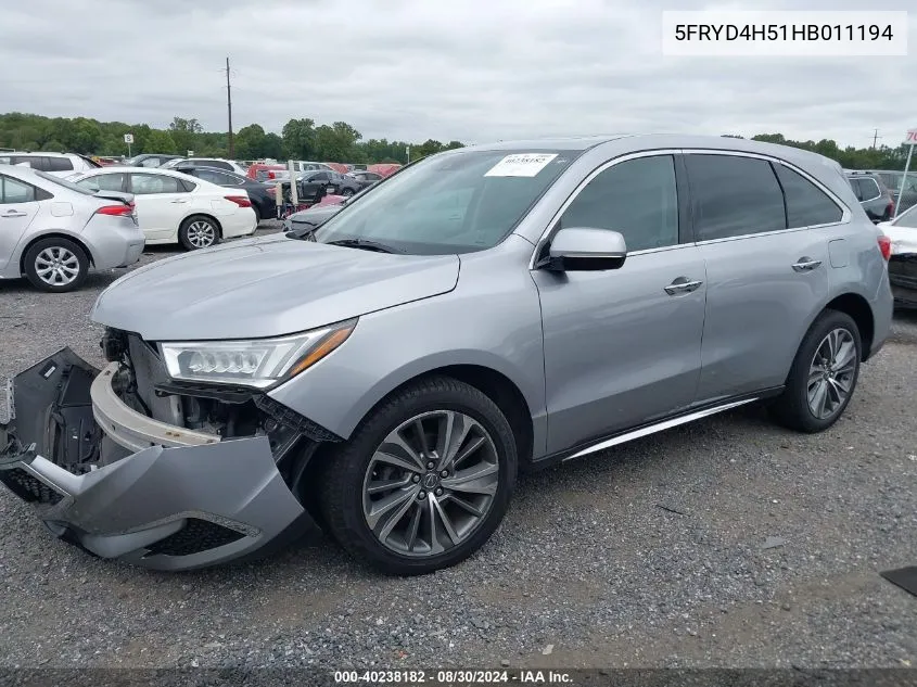 2017 Acura Mdx Technology Package VIN: 5FRYD4H51HB011194 Lot: 40238182