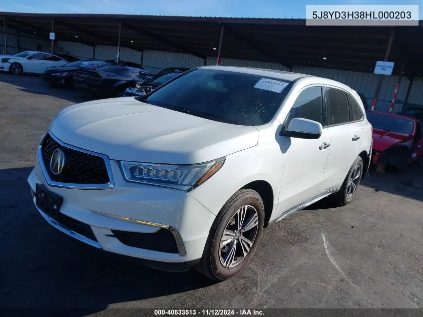 2017 Acura Mdx VIN: 5J8YD3H38HL000203 Lot: 40833513