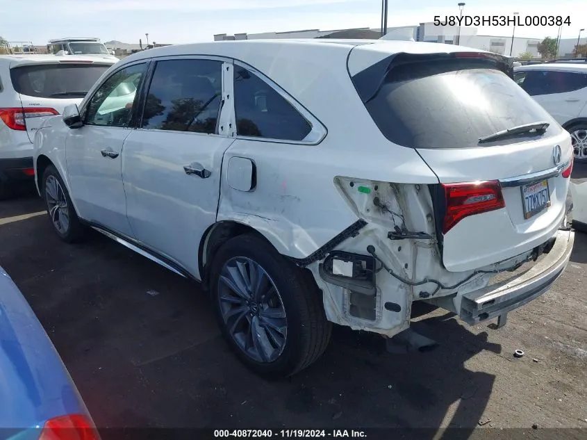 2017 Acura Mdx Technology Package VIN: 5J8YD3H53HL000384 Lot: 40872040