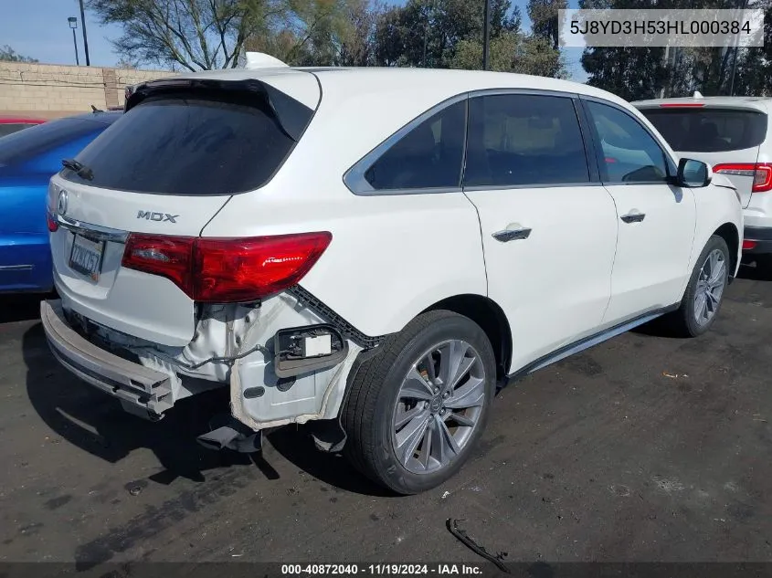 2017 Acura Mdx Technology Package VIN: 5J8YD3H53HL000384 Lot: 40872040