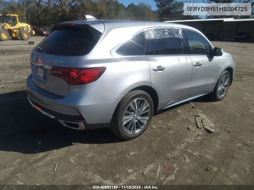 2017 Acura Mdx Technology Package VIN: 5FRYD3H51HB004725 Lot: 40882159