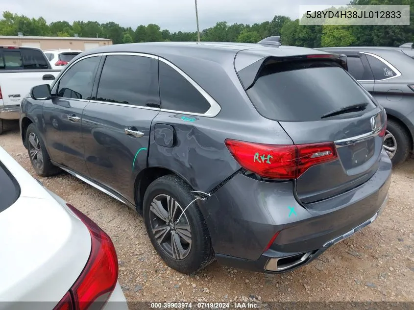 2018 Acura Mdx VIN: 5J8YD4H38JL012833 Lot: 39903974