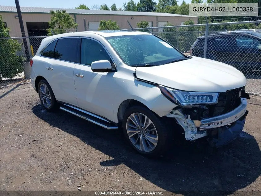 2018 Acura Mdx Technology Package Acurawatch Plus Pkg VIN: 5J8YD4H52JL000338 Lot: 40169440