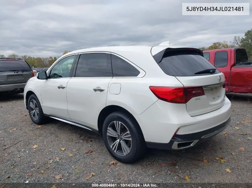 2018 Acura Mdx VIN: 5J8YD4H34JL021481 Lot: 40504661