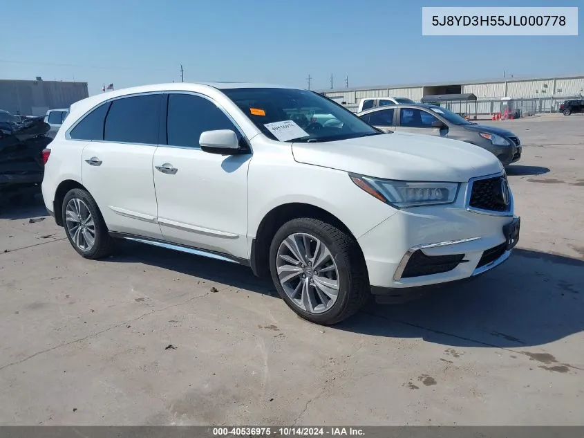 2018 Acura Mdx Technology Package Acurawatch Plus Pkg VIN: 5J8YD3H55JL000778 Lot: 40536975