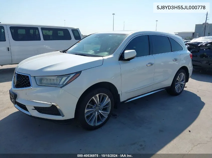 2018 Acura Mdx Technology Package Acurawatch Plus Pkg VIN: 5J8YD3H55JL000778 Lot: 40536975