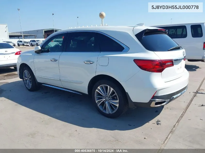 2018 Acura Mdx Technology Package Acurawatch Plus Pkg VIN: 5J8YD3H55JL000778 Lot: 40536975