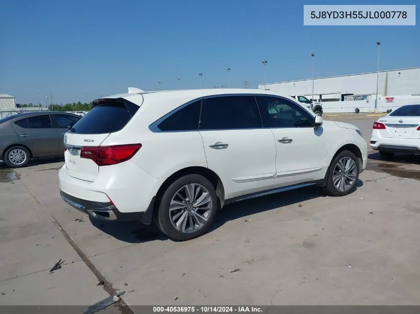 2018 Acura Mdx Technology Package Acurawatch Plus Pkg VIN: 5J8YD3H55JL000778 Lot: 40536975