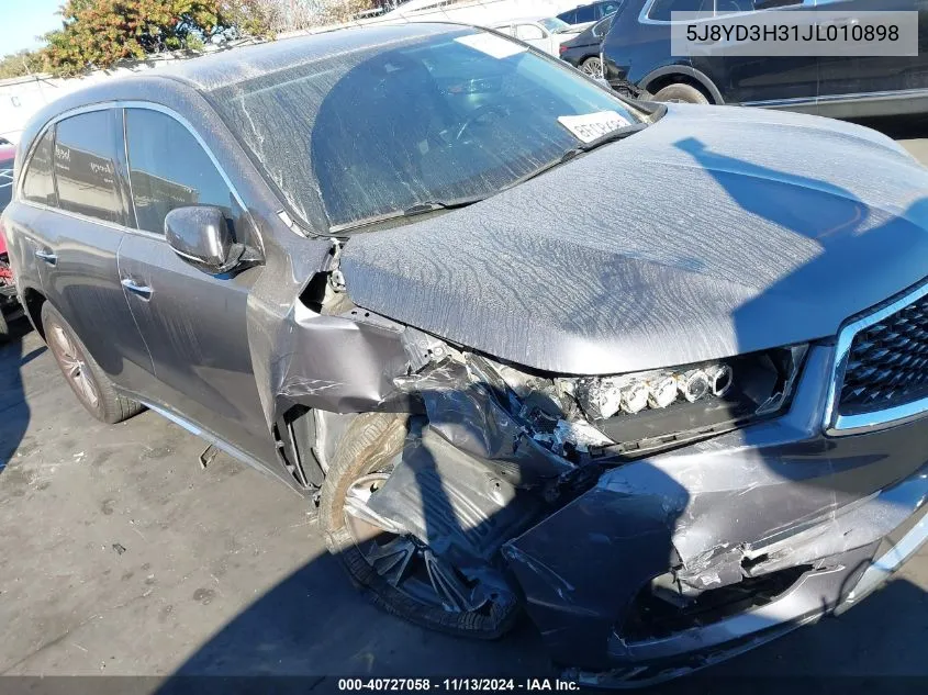 2018 Acura Mdx VIN: 5J8YD3H31JL010898 Lot: 40727058