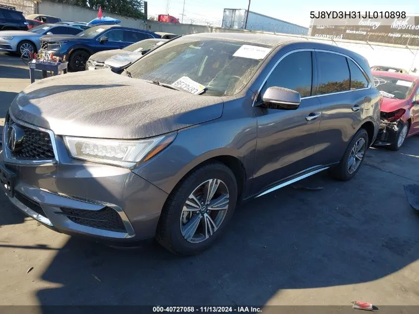 2018 Acura Mdx VIN: 5J8YD3H31JL010898 Lot: 40727058