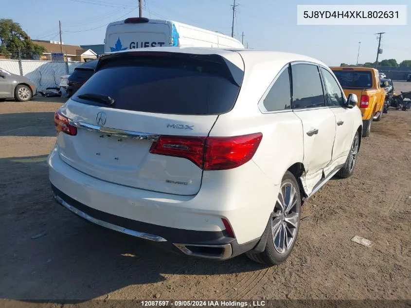 2019 Acura Mdx VIN: 5J8YD4H4XKL802631 Lot: 12087597