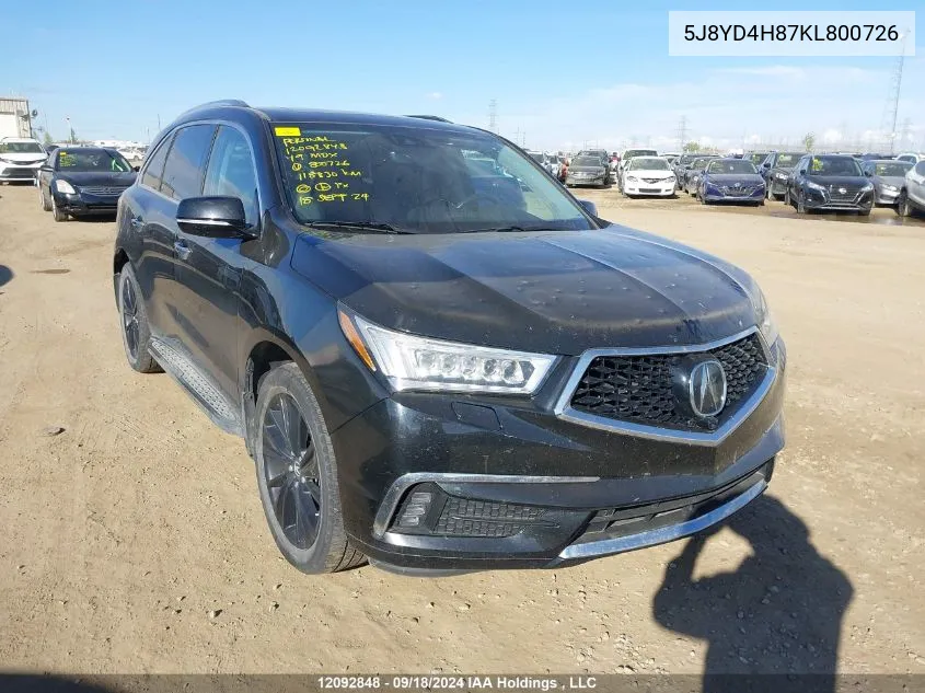 2019 Acura Mdx VIN: 5J8YD4H87KL800726 Lot: 12092848