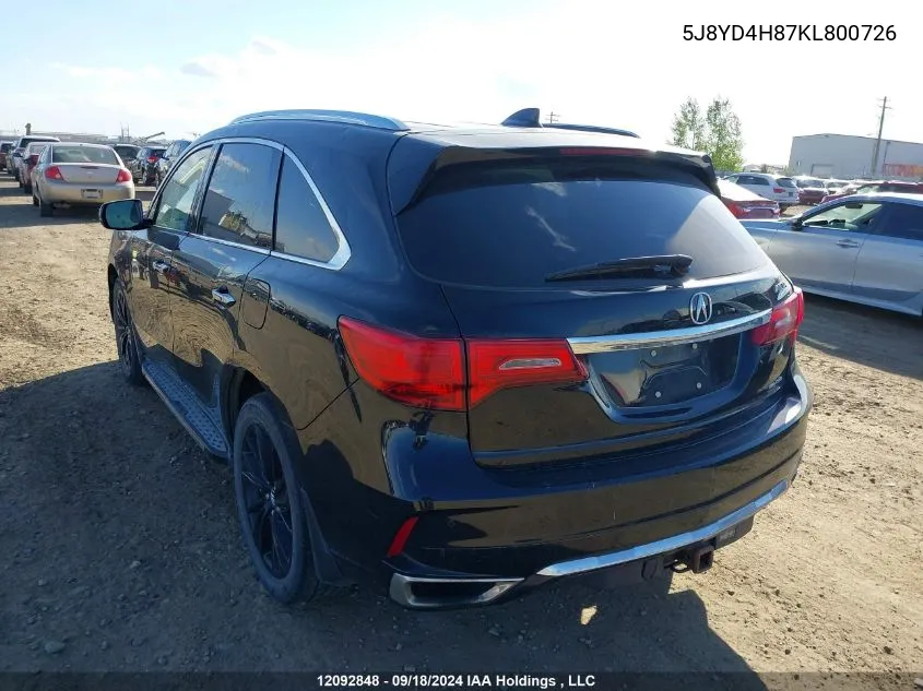 2019 Acura Mdx VIN: 5J8YD4H87KL800726 Lot: 12092848