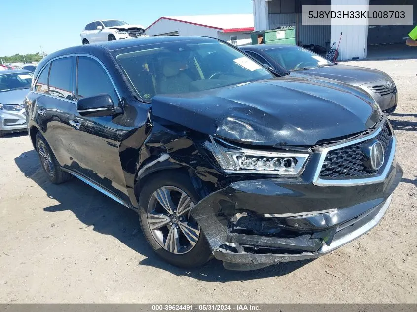 2019 Acura Mdx Standard VIN: 5J8YD3H33KL008703 Lot: 39524491