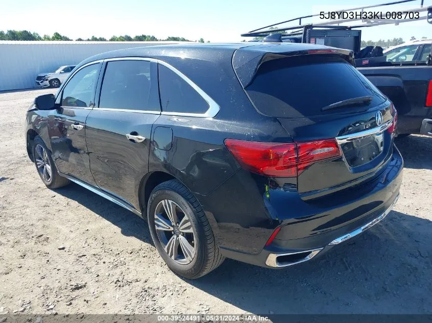 2019 Acura Mdx Standard VIN: 5J8YD3H33KL008703 Lot: 39524491