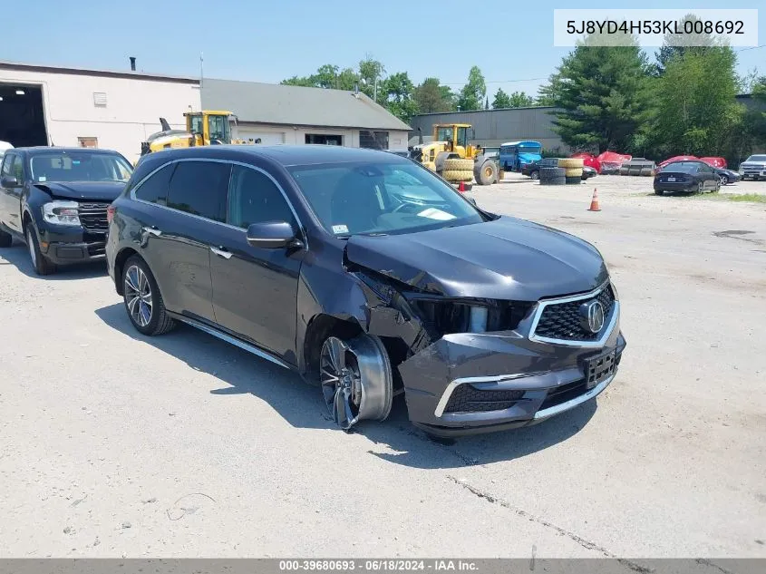 2019 Acura Mdx Tech Pkg VIN: 5J8YD4H53KL008692 Lot: 39680693