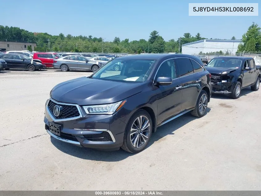 2019 Acura Mdx Tech Pkg VIN: 5J8YD4H53KL008692 Lot: 39680693