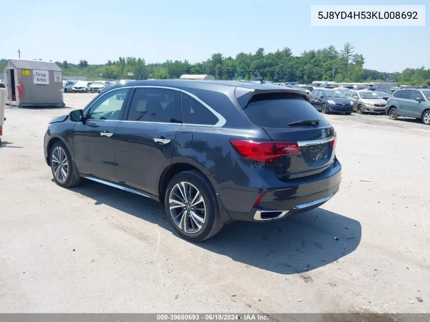 2019 Acura Mdx Tech Pkg VIN: 5J8YD4H53KL008692 Lot: 39680693